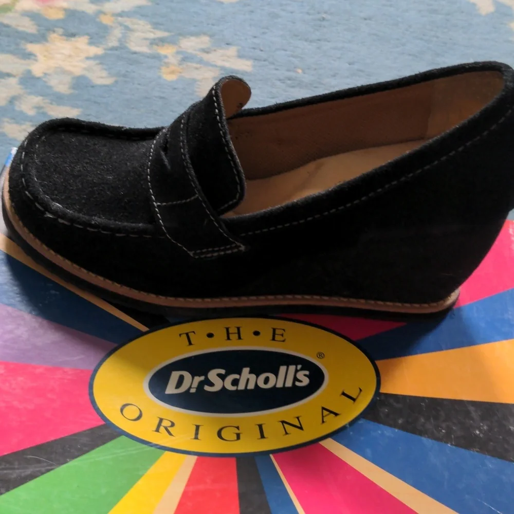 Dr. Scholl's Black Suede Women's Loafers, New, 9 1/2 M, Wedge Heels, Zenith
